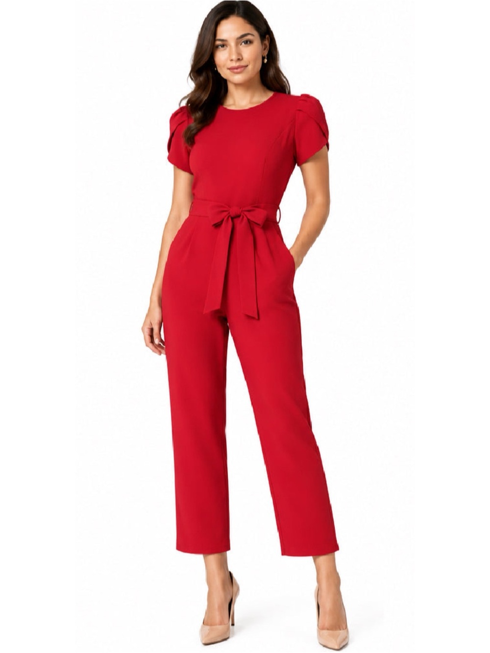Calvin Klein Red Short-Sleeve Tie-Waist Tulip Sleeve Jumpsuit ❤️❤️